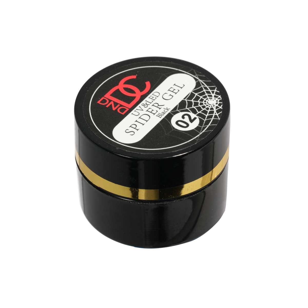 Black gold-label DC Spider Gel jar being used, with silver holographic fine-web glitter nails shown