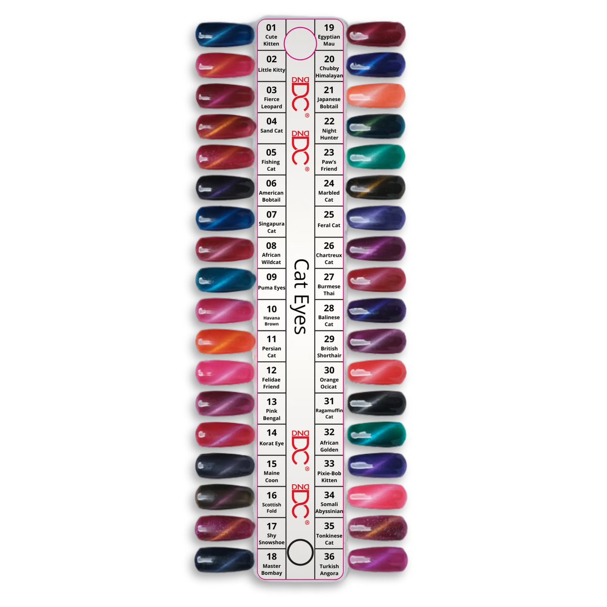 DC Cat Eyes Collection colour swatch reference card, paired shimmer colour chips