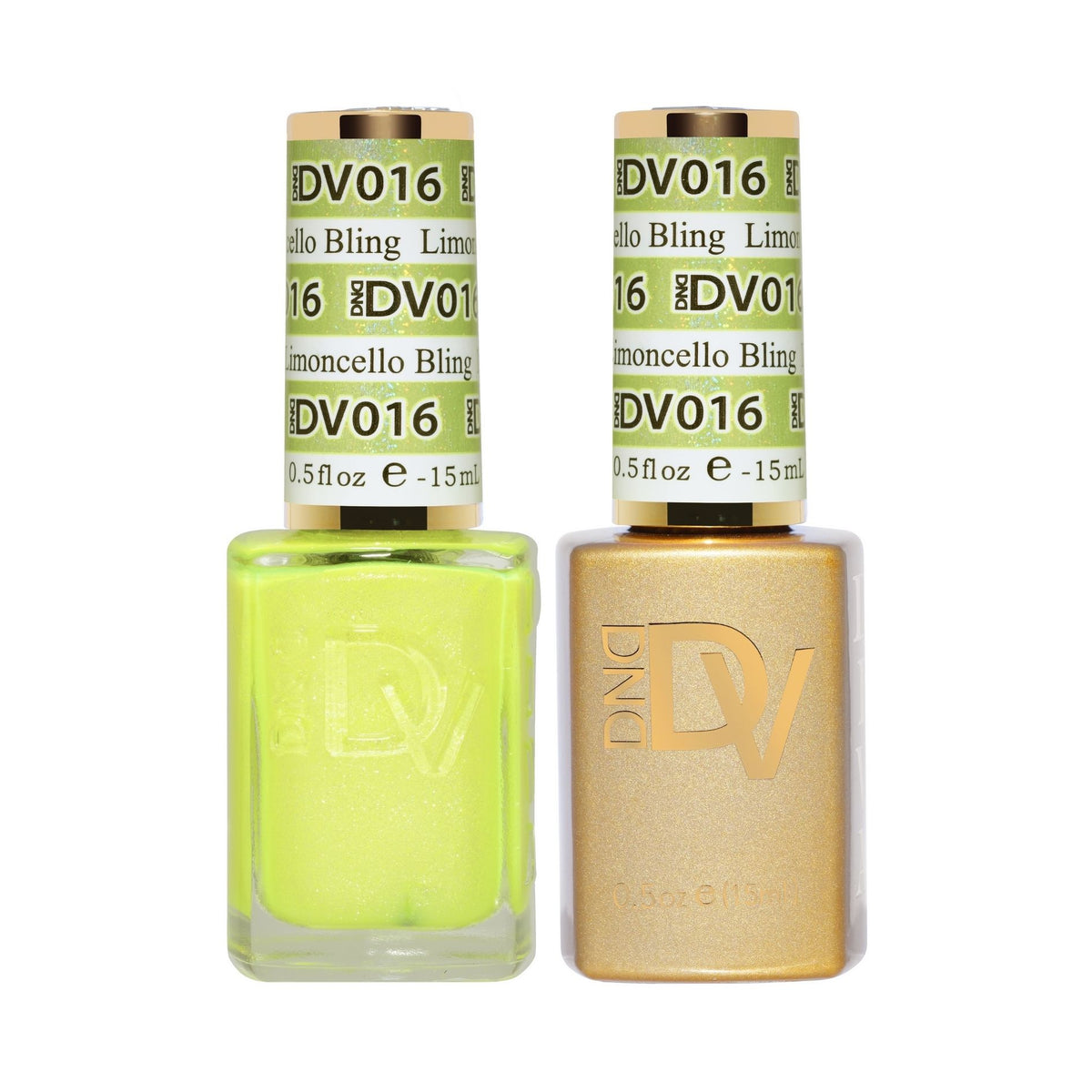 DND #016 Limoncello Bling gel and lacquer duo bottles in yellow-green glitter