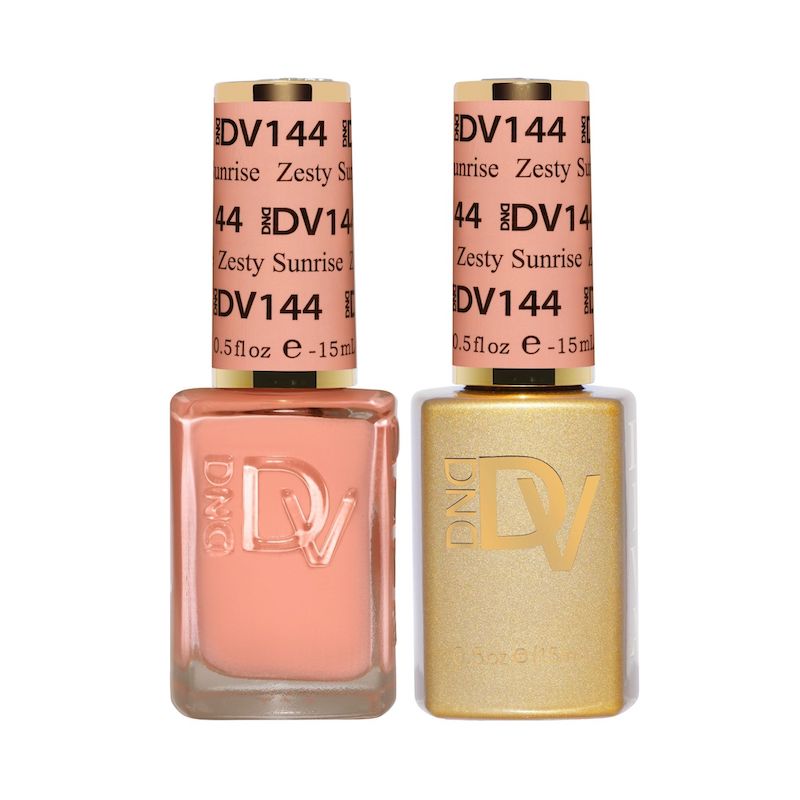DND DIVA #144 Zesty Sunrise gel and lacquer duo bottles, peach-pink lacquer and gold gel