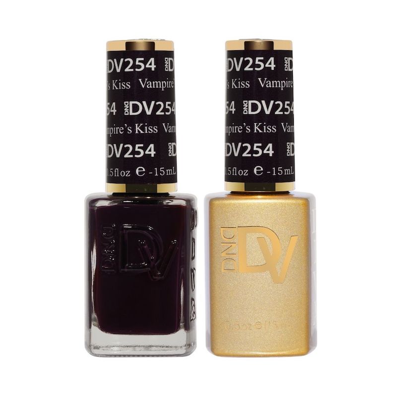 DND DIVA #254 Vampire's Kiss gel polish and lacquer duo bottles in near-black purple