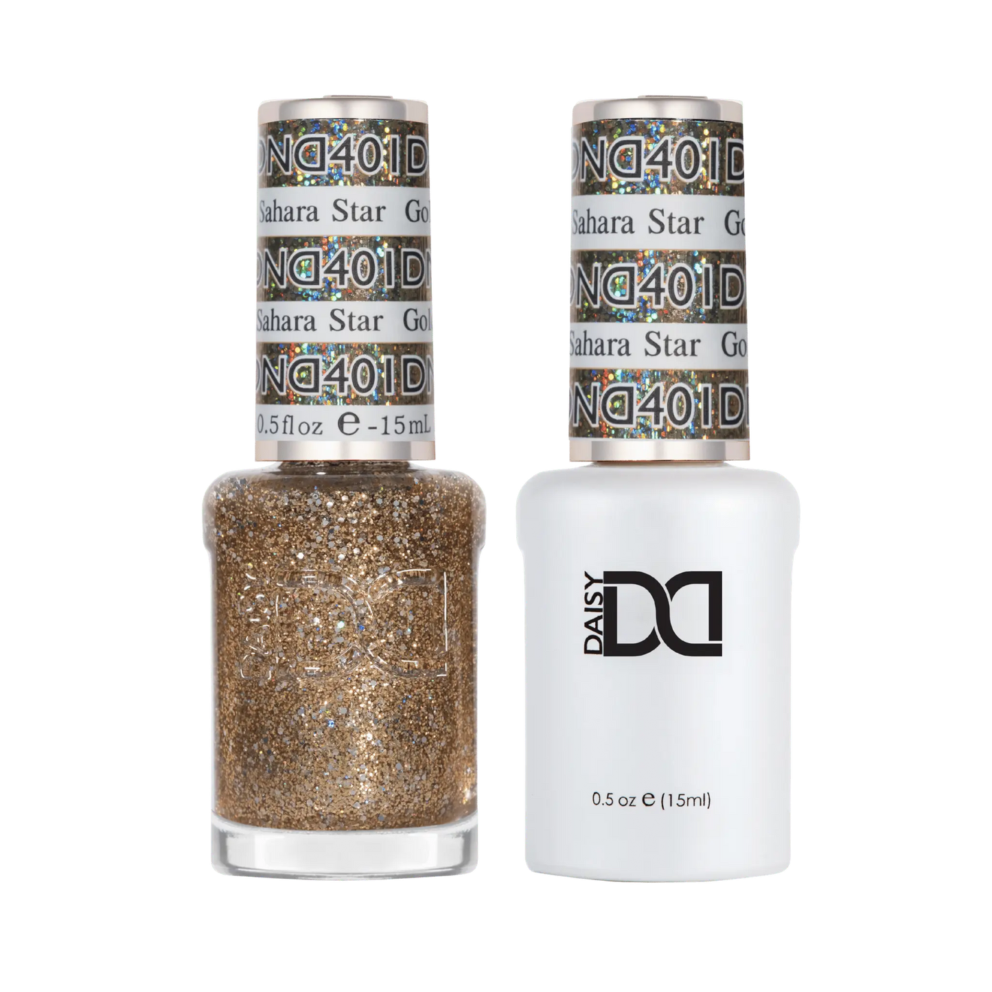 Duo set of gel and nail polish for Golden Sahara Star showing gold glitter color with silver flecks