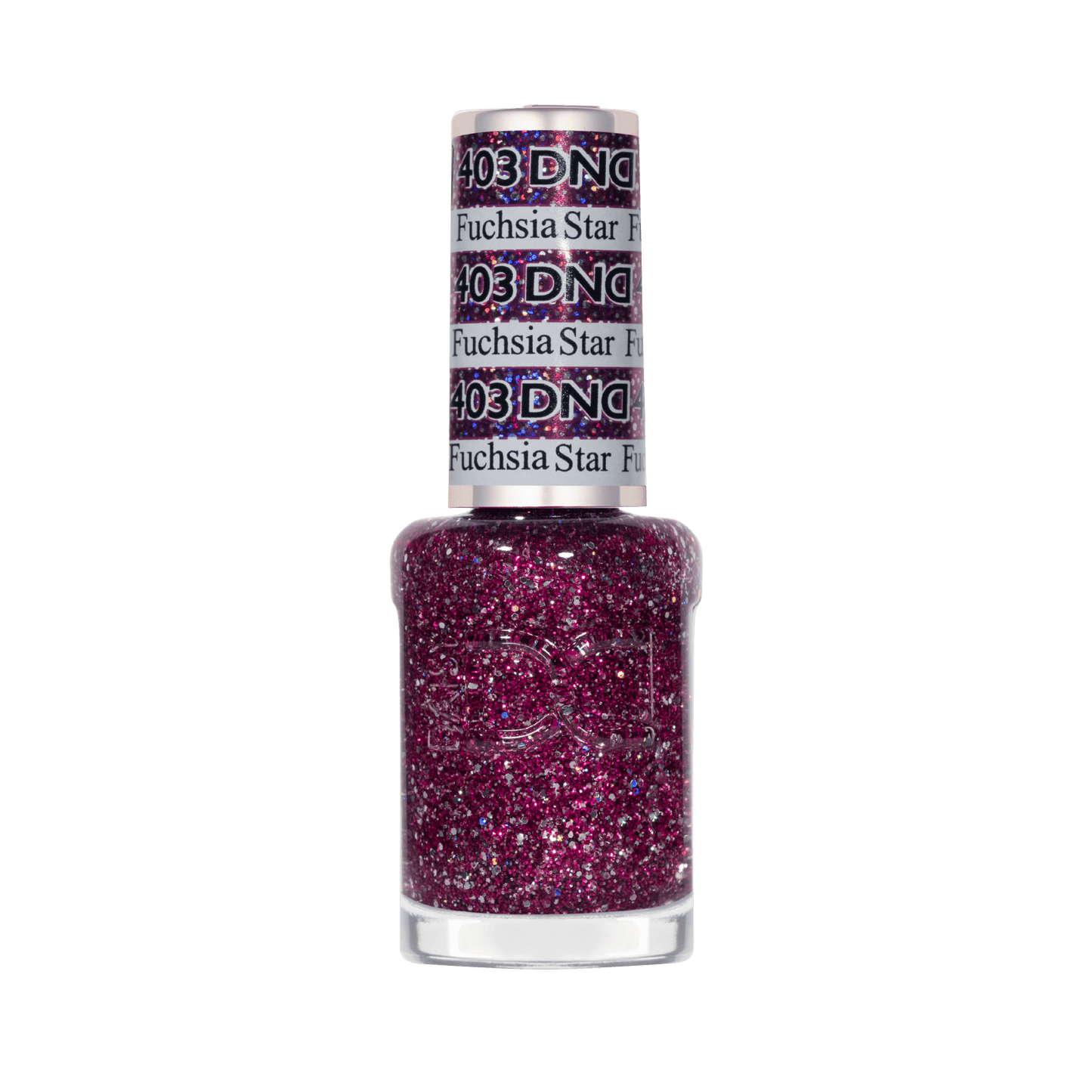 Air-dry lacquer nail polish in a clear bottle for Fuchsia Star showing pink berry glitter color with silver holographic flecks