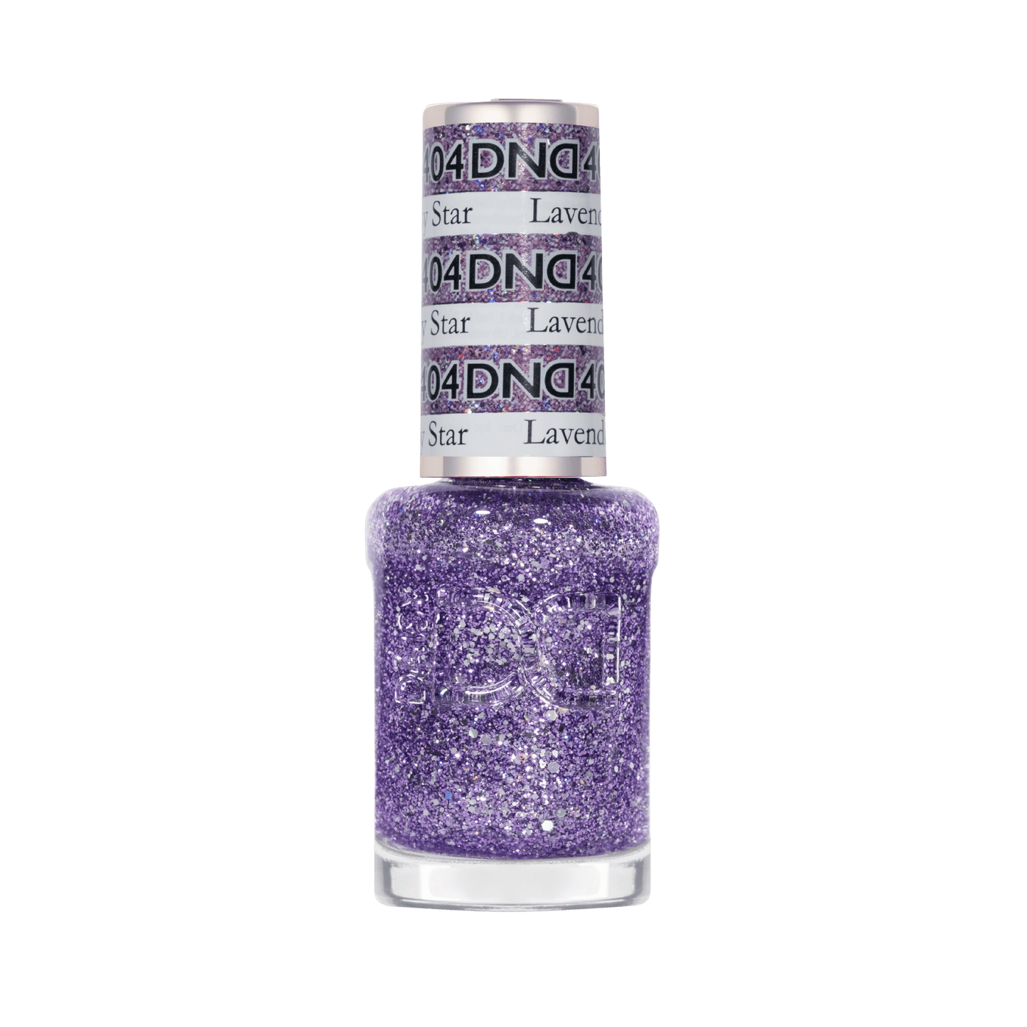 Air-dry lacquer nail polish in a clear bottle for Lavender Daisy Star showing purple glitter color with silver flecks