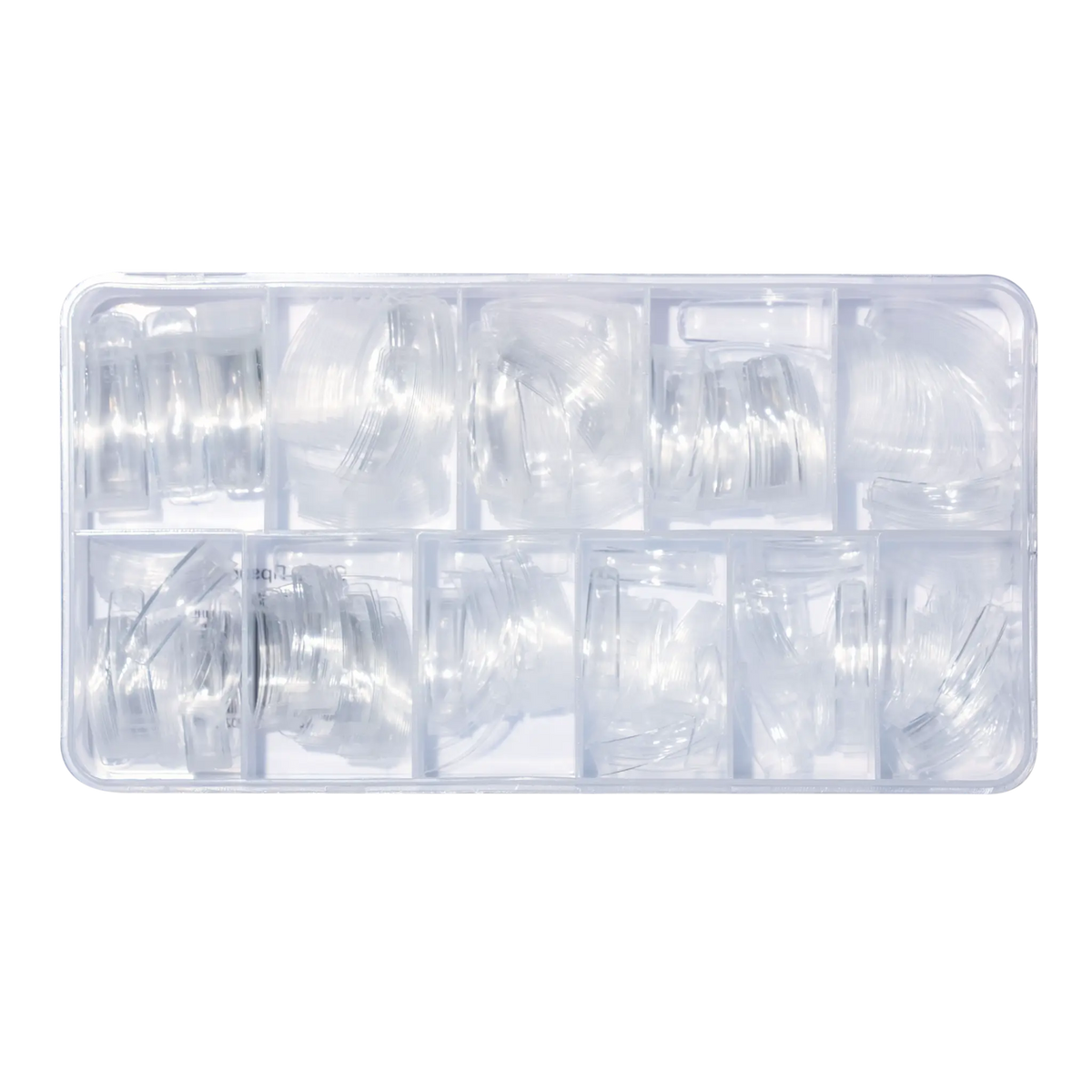 Organizer case filled with clear acrylic nail tips sorted by size