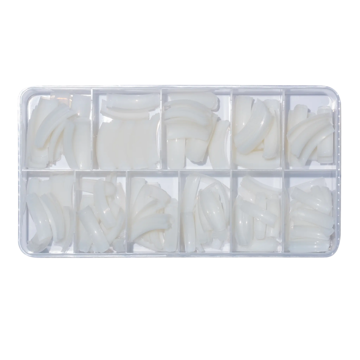 Organizer case filled with natural-coloured acrylic nail tips sorted by size