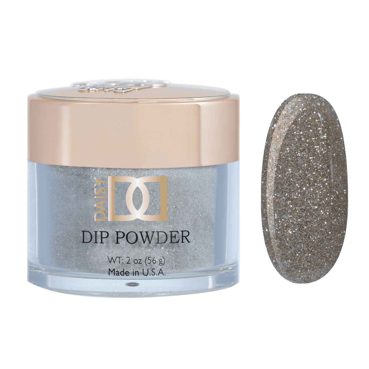 DND Daisy Dip Powder jar with pale blue-gray powder and matching glitter color swatch