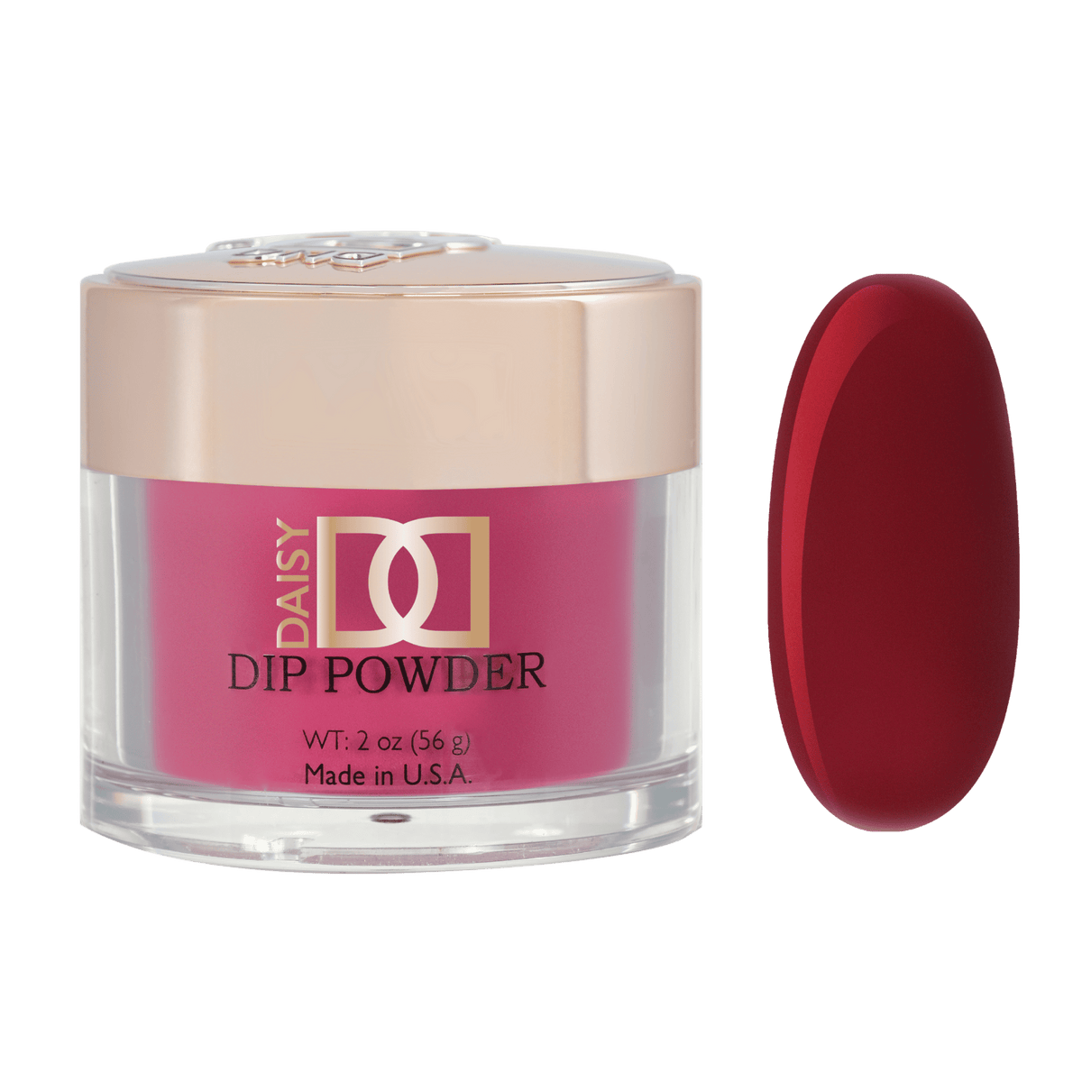 DND Daisy Dip Powder jar with dark rose-red powder and matching color swatch