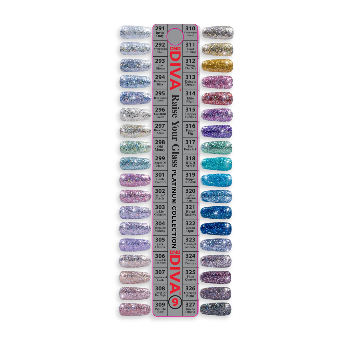 DND DIVA Raise Your Glass Platinum Collection #9 swatch reference chart with shade numbers 291-327 and names