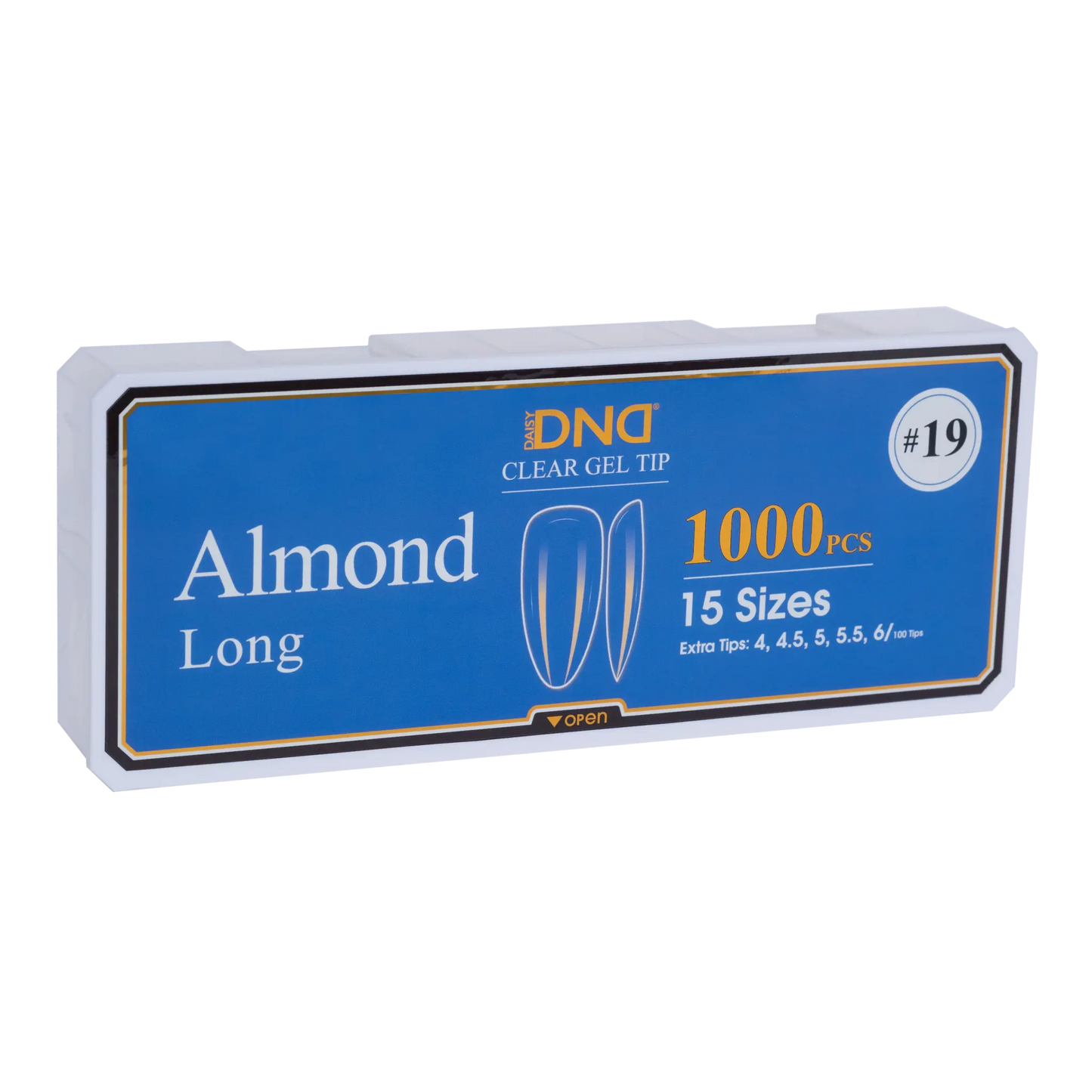 Box of DND Gel Tip Full Clear Tip nail tips, Almond Long shape, 1000 pieces in 15 sizes