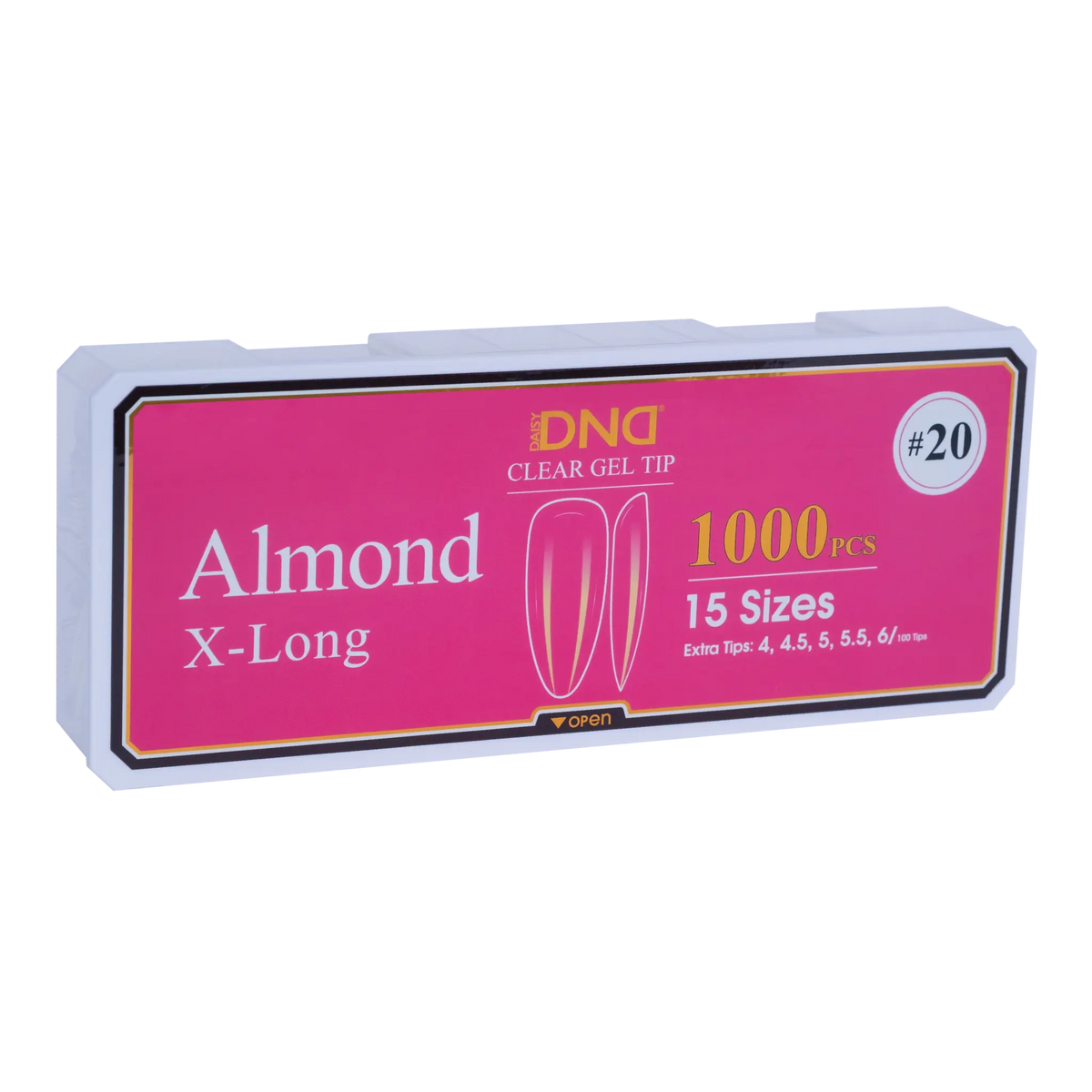 Box of DND Gel Tip Full Clear Tip nail tips, Almond X-Long shape, 1000 pieces in 15 sizes