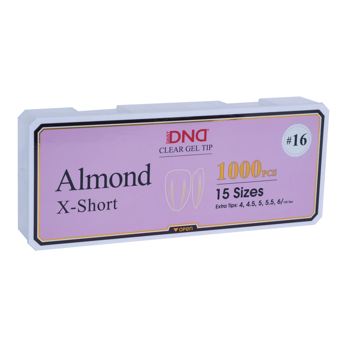 Box of DND Gel Tip Full Clear Tip nail tips, Almond X-Short shape, 1000 pieces in 15 sizes