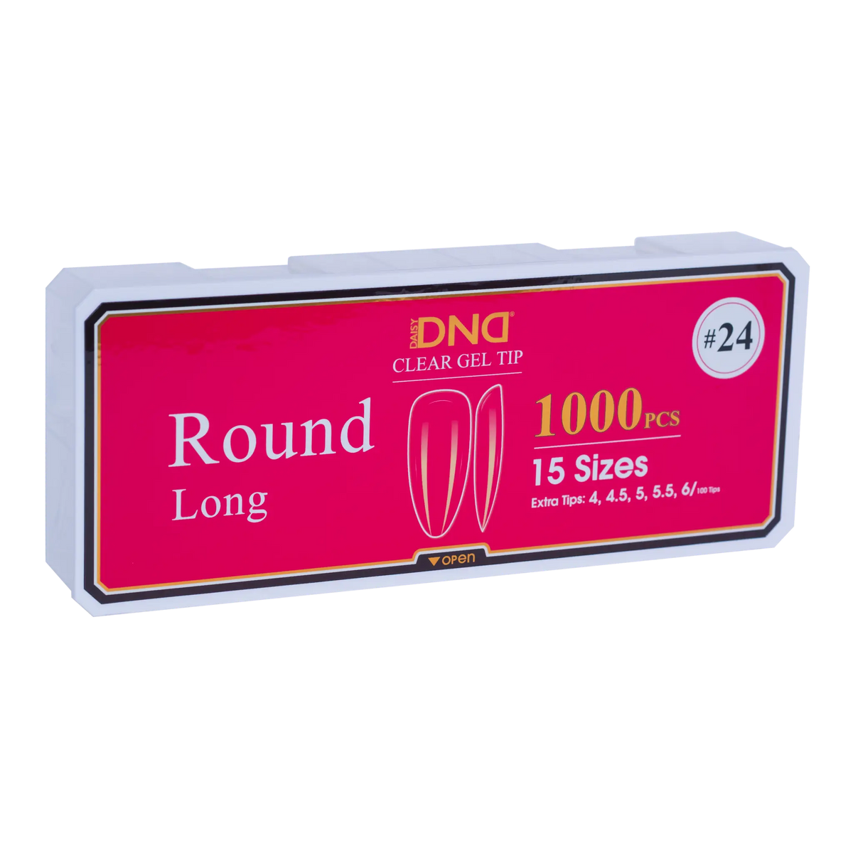 Box of DND Gel Tip Full Clear Tip nail tips, Round Long shape, 1000 pieces in 15 sizes