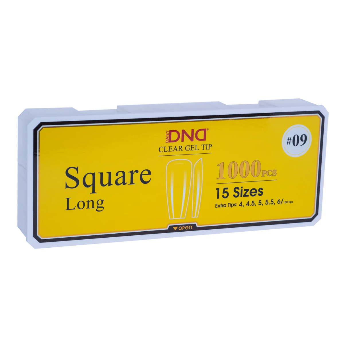 Box of DND Gel Tip Full Clear Tip nail tips, Square Long shape, 1000 pieces in 15 sizes