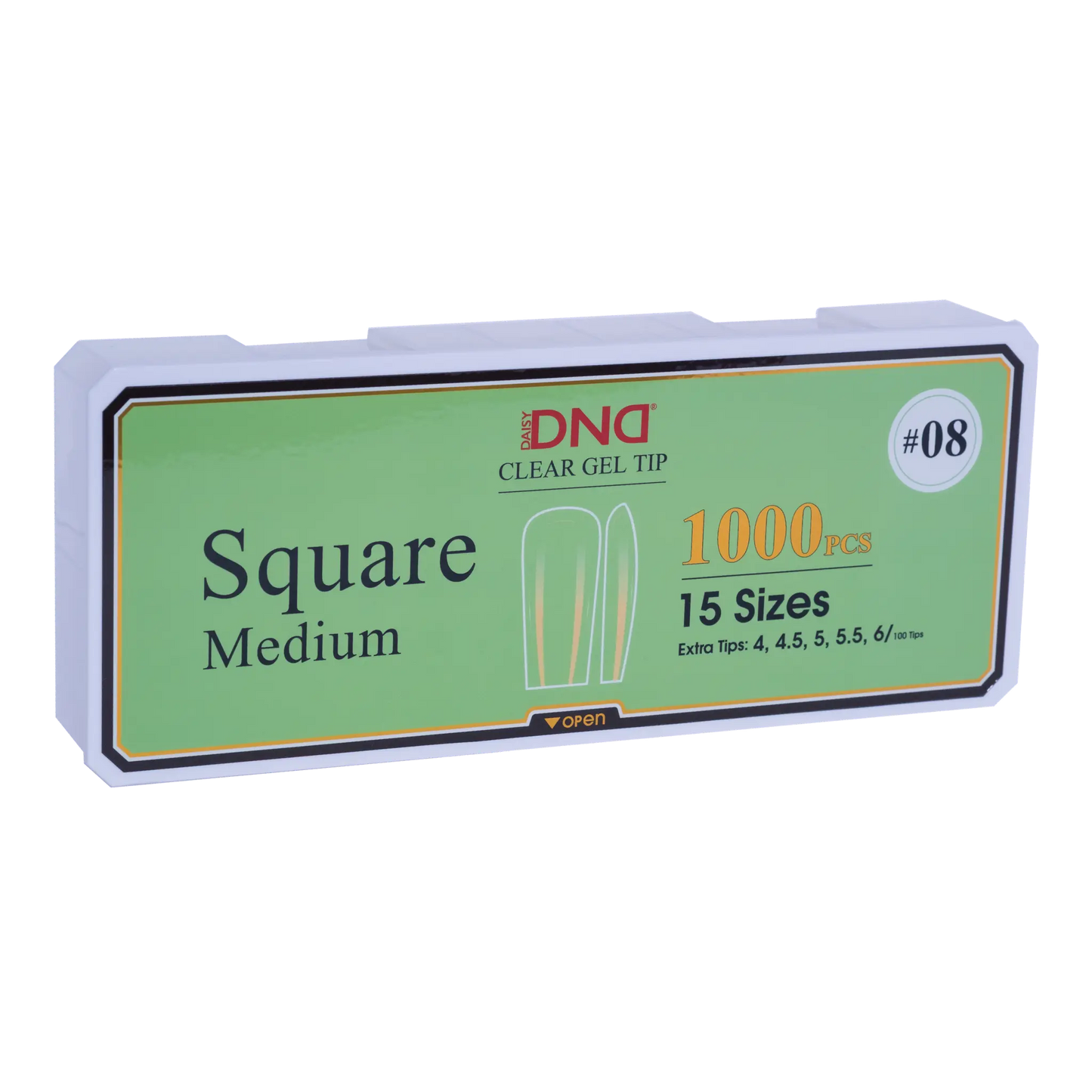 Box of DND Gel Tip Full Clear Tip nail tips, Square Medium shape, 1000 pieces in 15 sizes