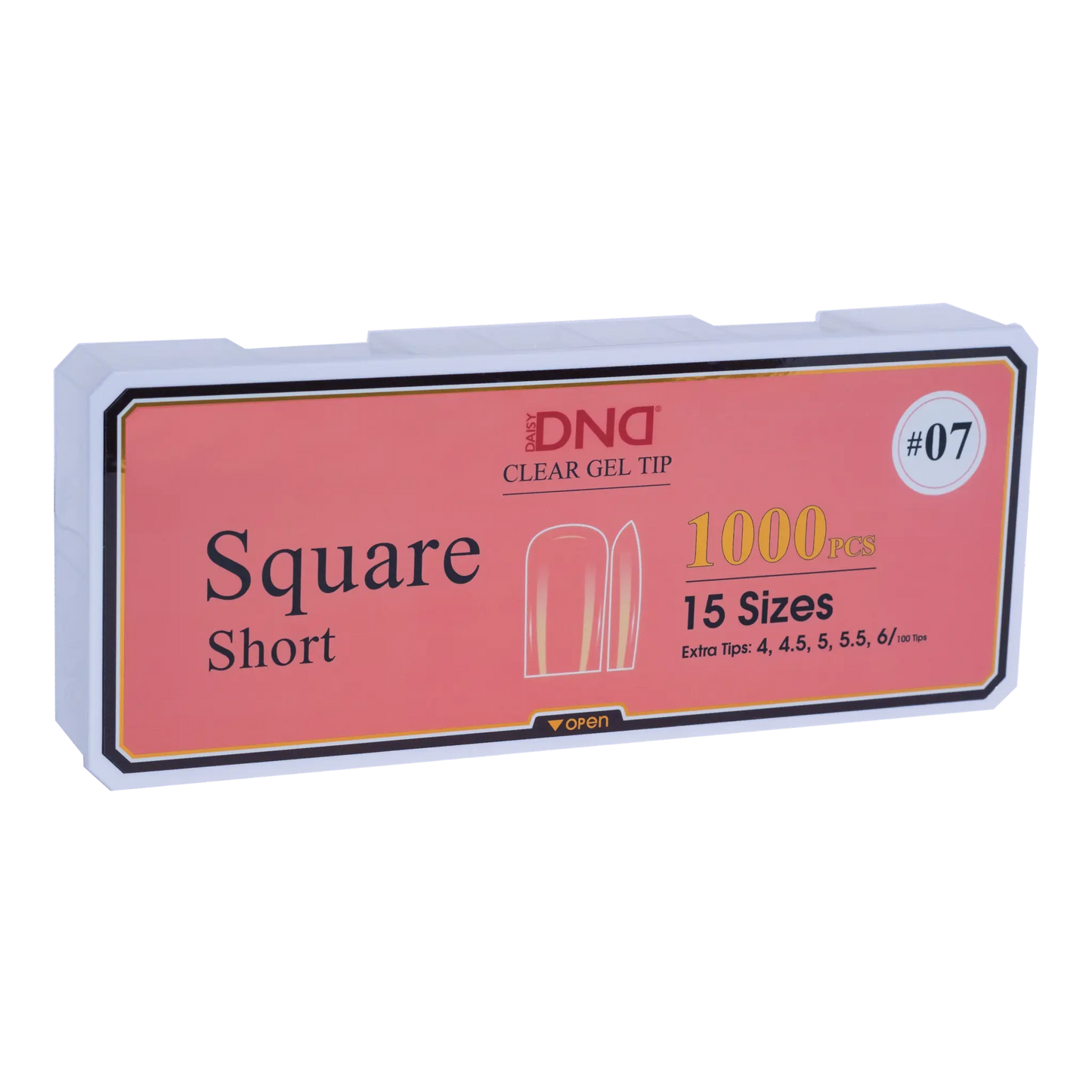 Box of DND Gel Tip Full Clear Tip nail tips, Square Short shape, 1000 pieces in 15 sizes
