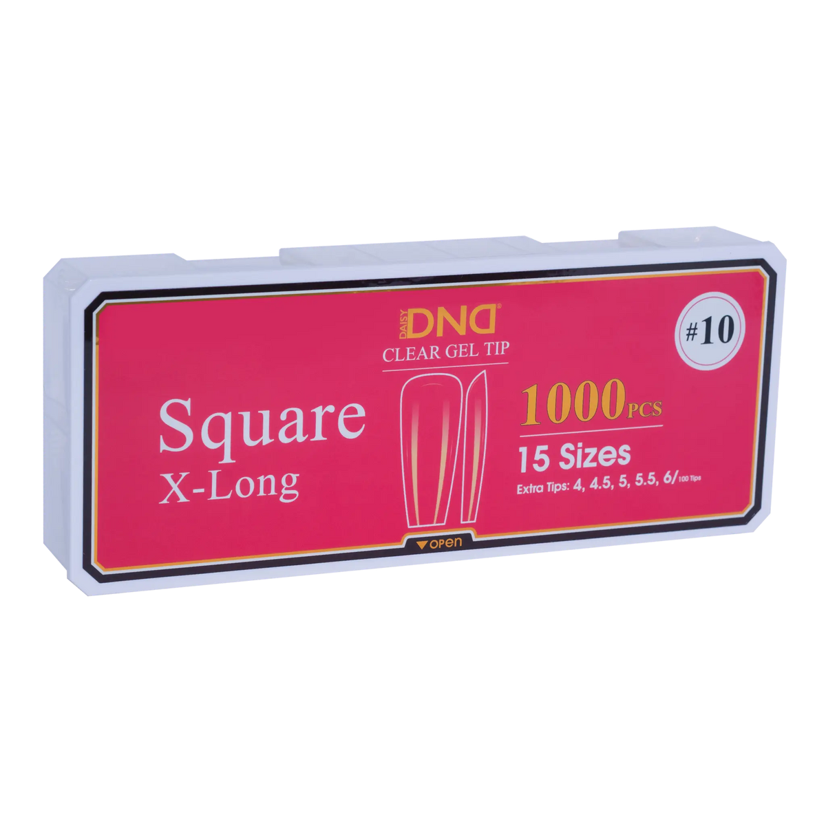 Box of DND Gel Tip Full Clear Tip nail tips, Square X-Long shape, 1000 pieces in 15 sizes