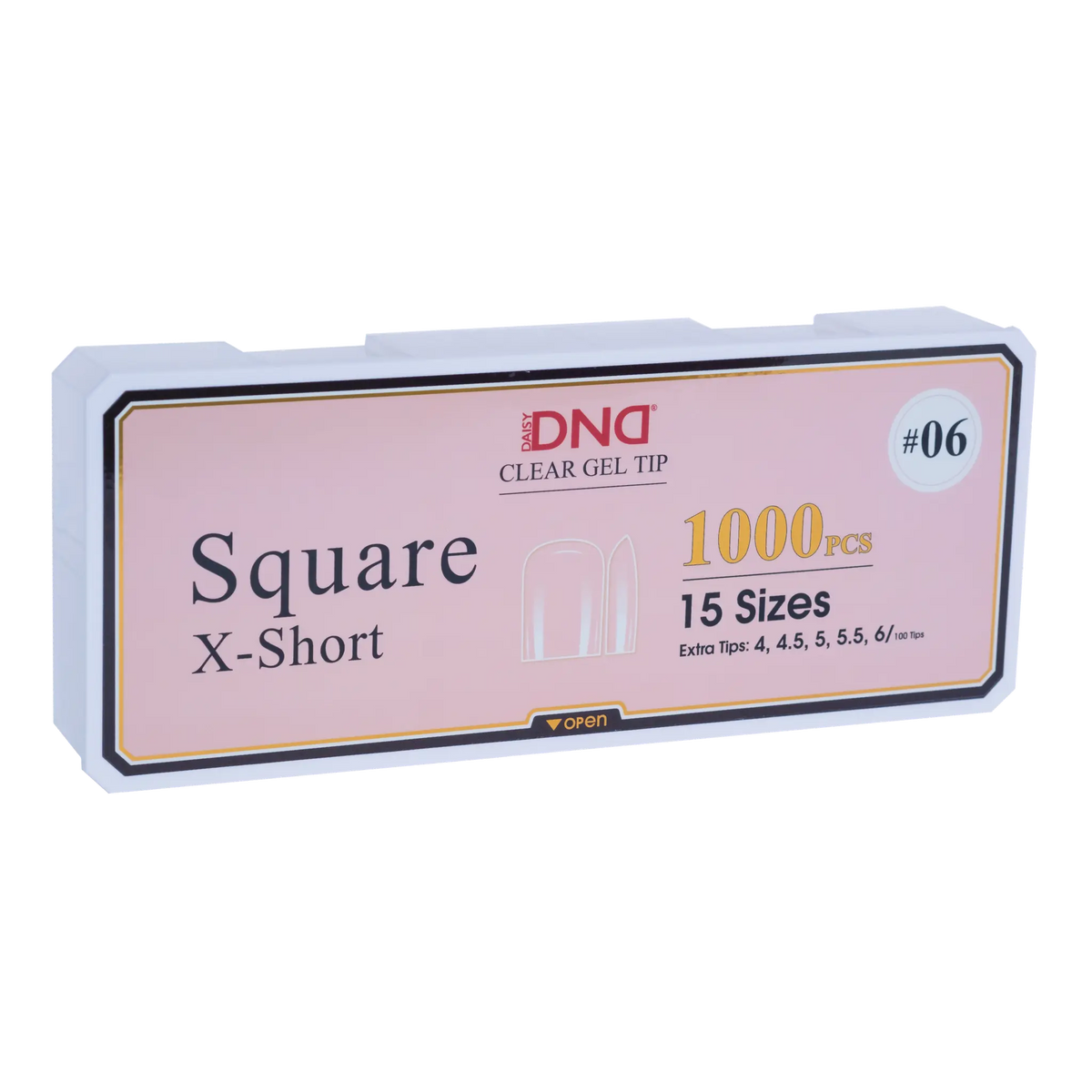 Box of DND Gel Tip Full Clear Tip nail tips, Square X-Short shape, 1000 pieces in 15 sizes