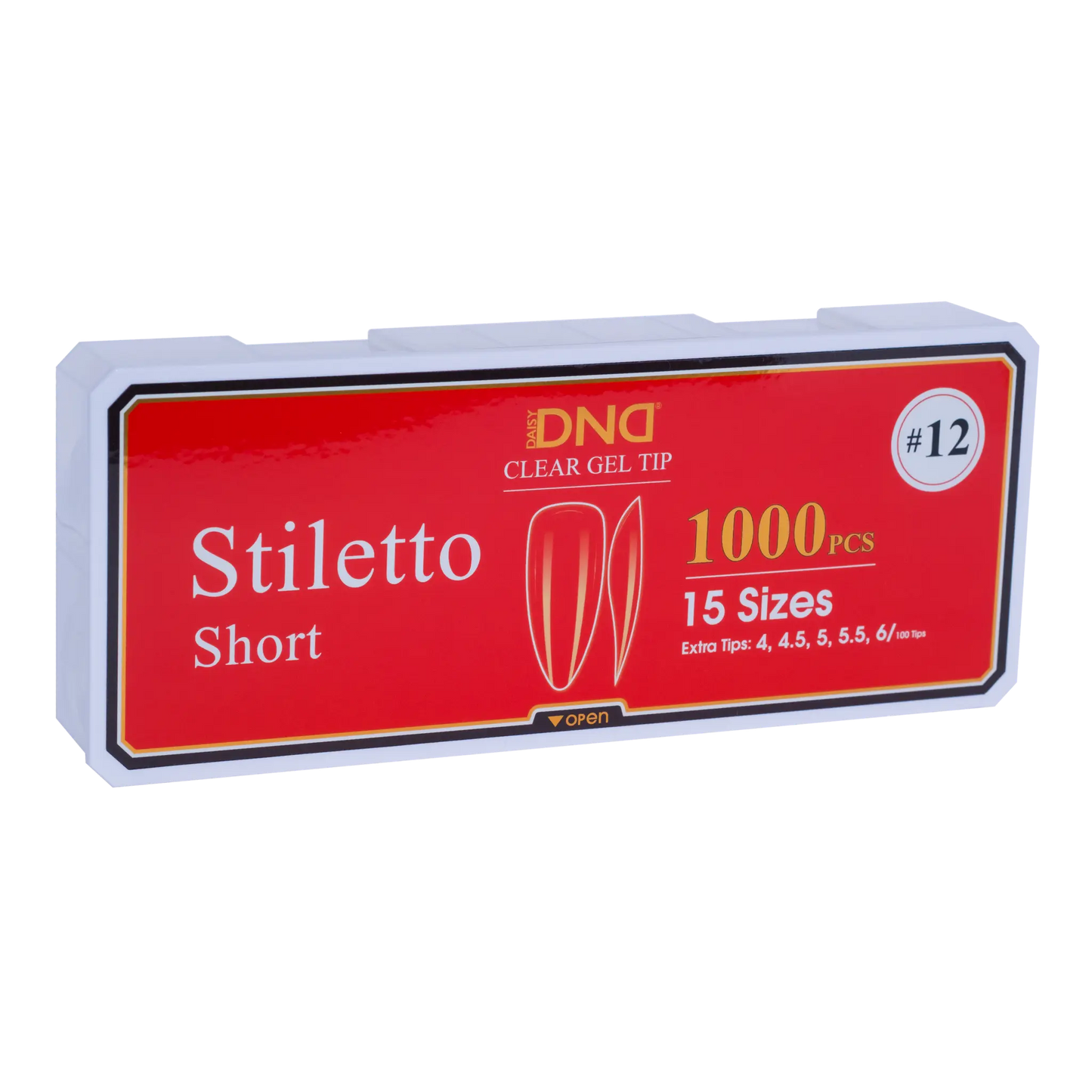 Box of DND Gel Tip Full Clear Tip nail tips, Stiletto Short shape, 1000 pieces in 15 sizes