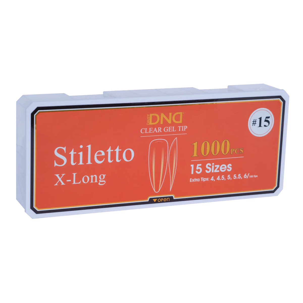 Box of DND Gel Tip Full Clear Tip nail tips, Stiletto X-Long shape, 1000 pieces in 15 sizes