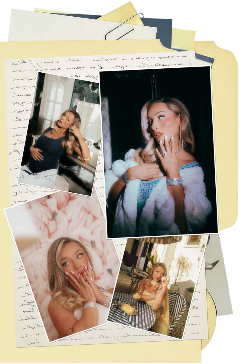 Collage of four lifestyle photos on a manila folder background, showing women with manicured nails in various DEL collection scenes