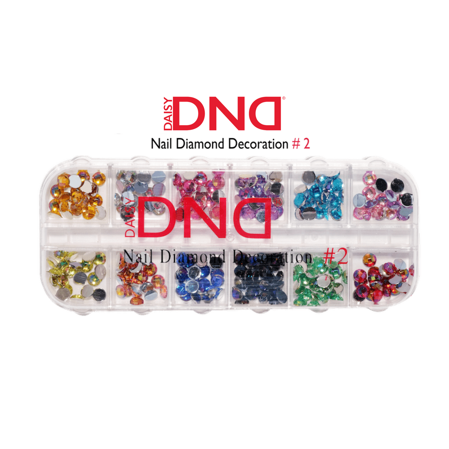 DND Nail Diamond Decoration #2 - a 12-compartment organizer case of assorted multicolor rhinestones in various shapes