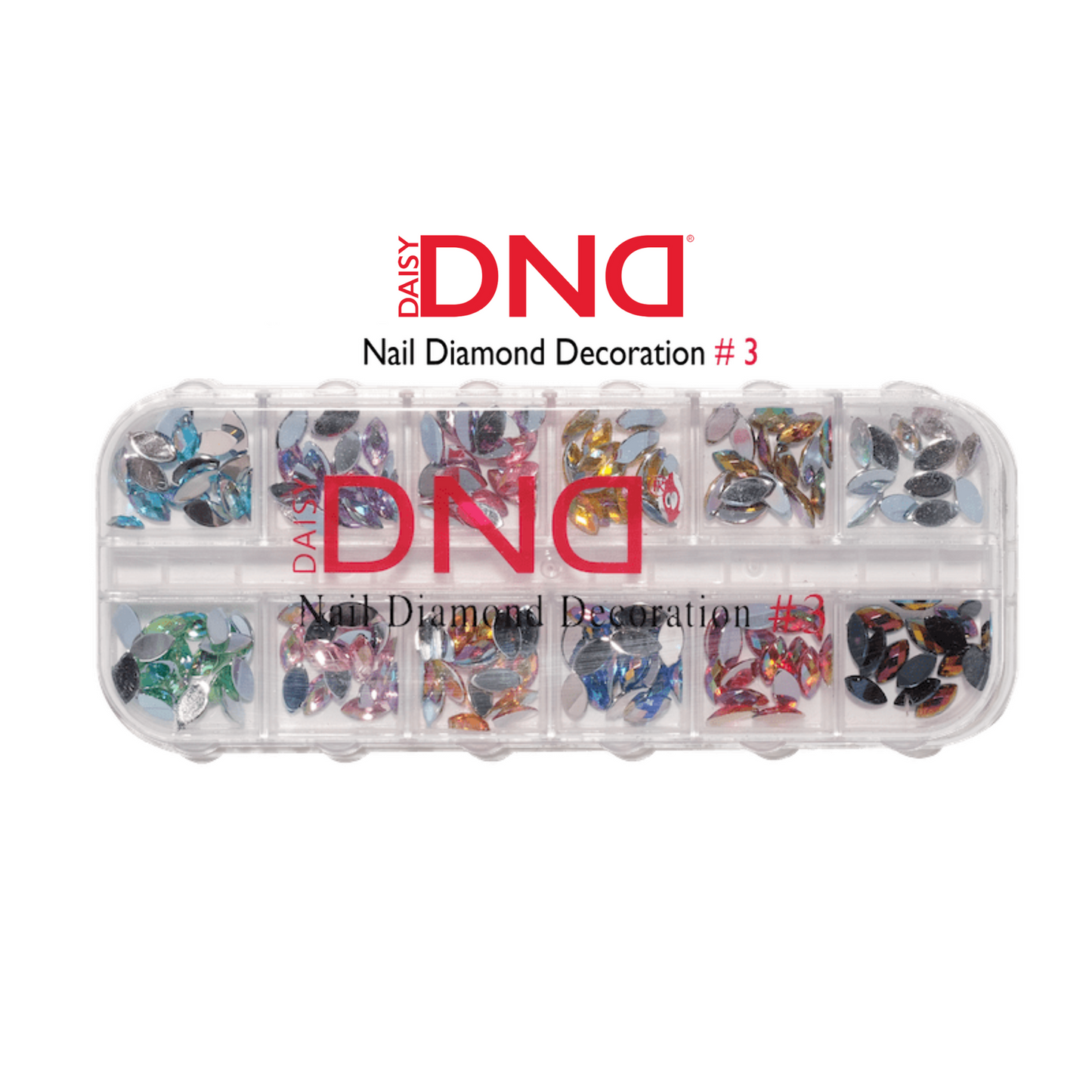 DND Nail Diamond Decoration #3 - a 12-compartment organizer case of assorted multicolor rhinestones in various shapes