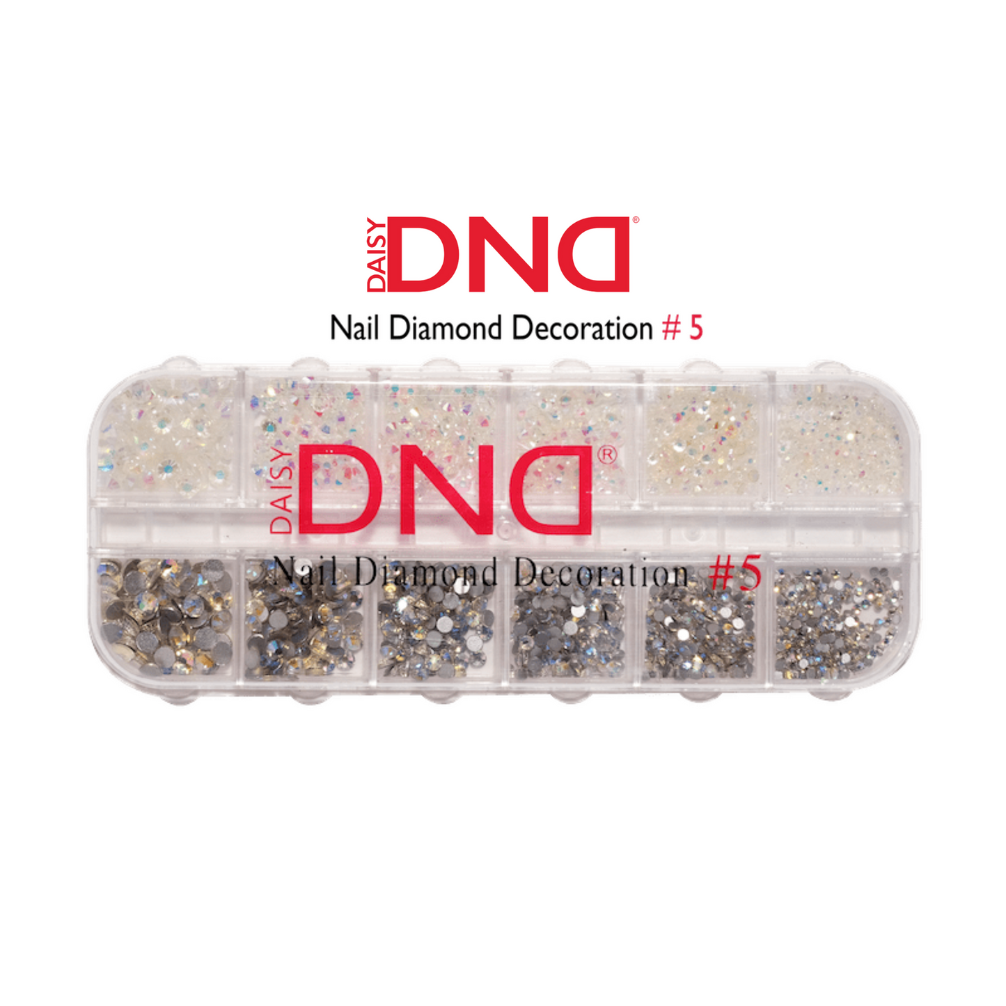 DND Nail Diamond Decoration #5 - a 12-compartment organizer case of assorted multicolor rhinestones in various shapes