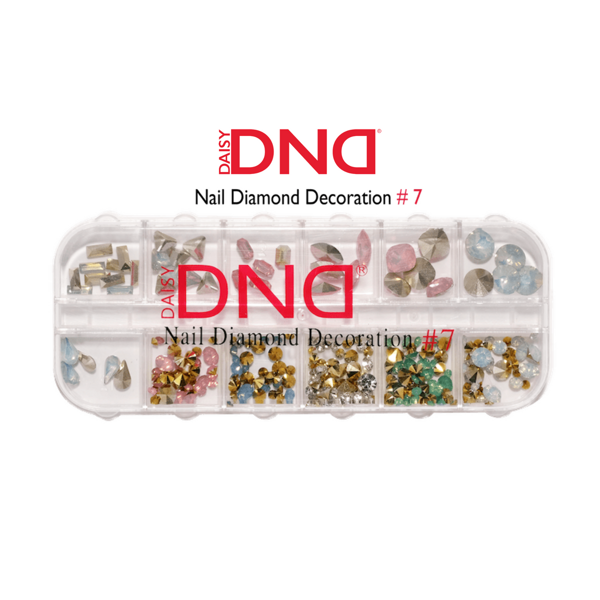 DND Nail Diamond Decoration #7 - a 12-compartment organizer case of assorted multicolor rhinestones in various shapes