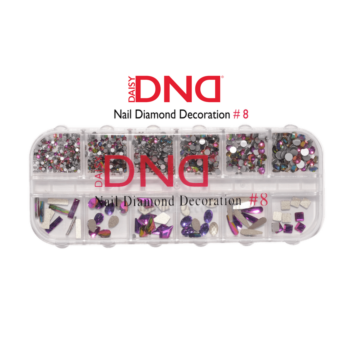 DND Nail Diamond Decoration #8 - a 12-compartment organizer case of assorted multicolor rhinestones in various shapes