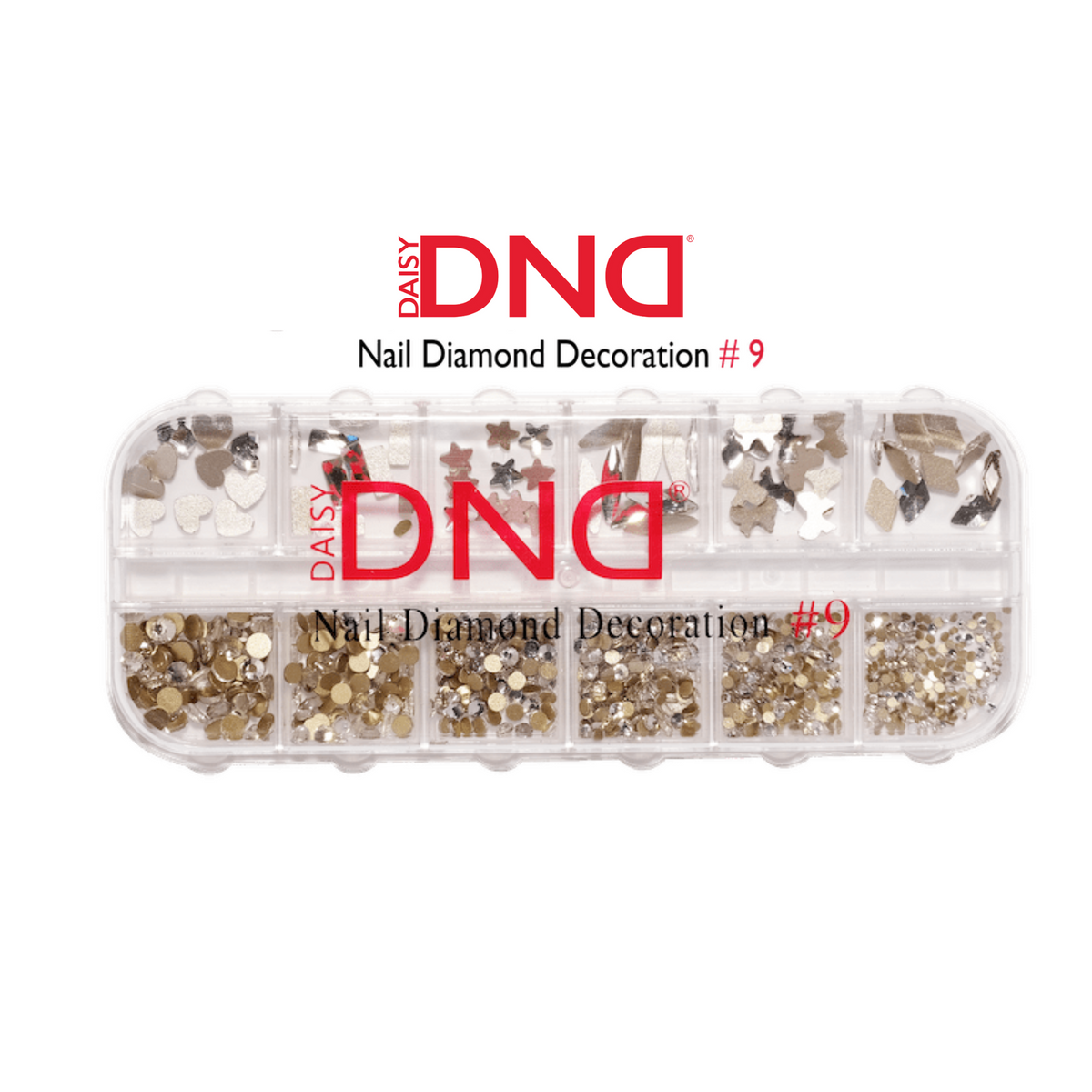DND Nail Diamond Decoration #9 - a 12-compartment organizer case of assorted multicolor rhinestones in various shapes