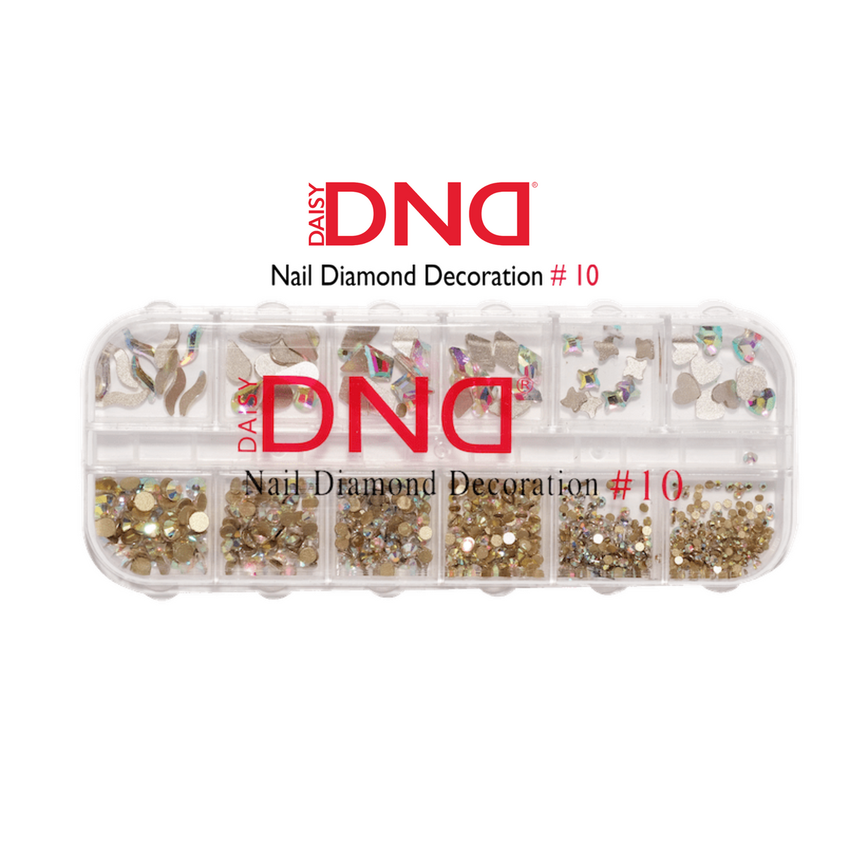 DND Nail Diamond Decoration #10 - a 12-compartment organizer case of assorted multicolor rhinestones in various shapes