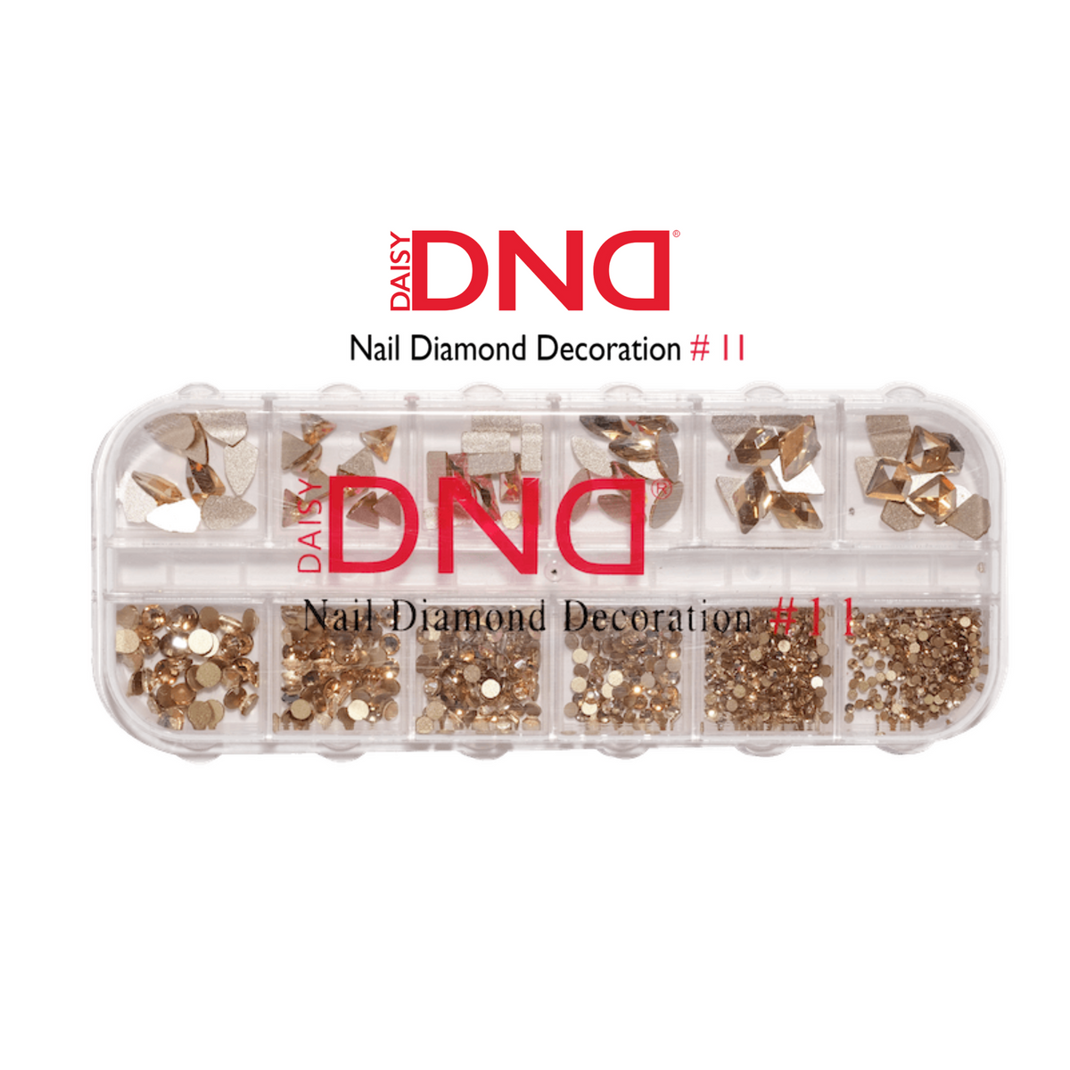 DND Nail Diamond Decoration #11 - a 12-compartment organizer case of assorted multicolor rhinestones in various shapes