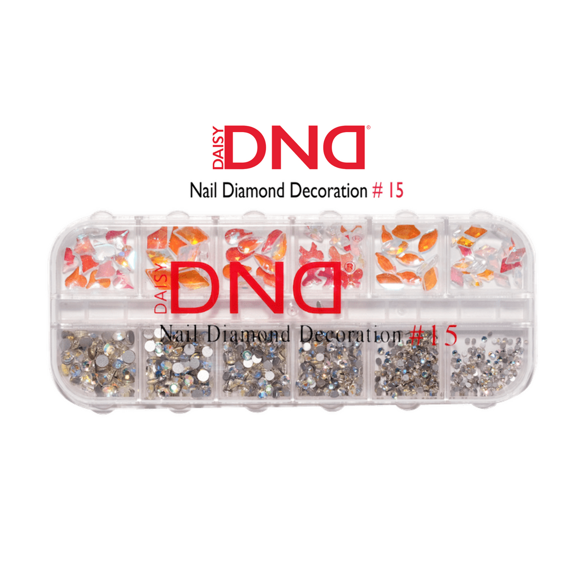 DND Nail Diamond Decoration #15 - a 12-compartment organizer case of assorted multicolor rhinestones in various shapes
