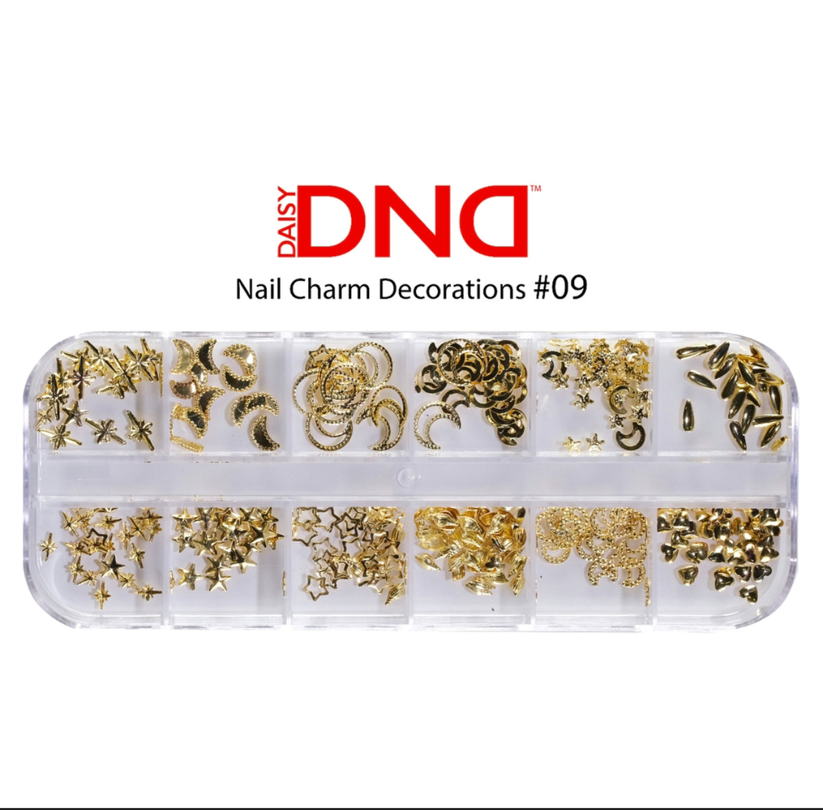 DND Nail Charm Decorations #09 gold star, moon, and swirl nail charms in a compartment tray