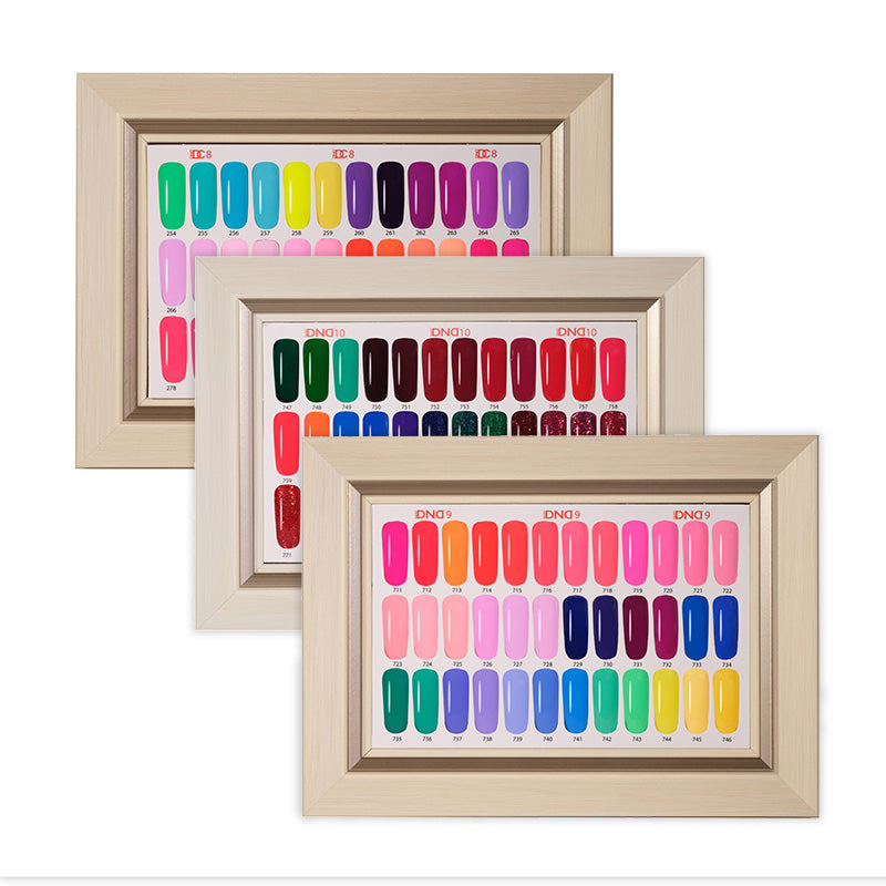 Three DC gel polish color chart cards displaying numbered shade swatches
