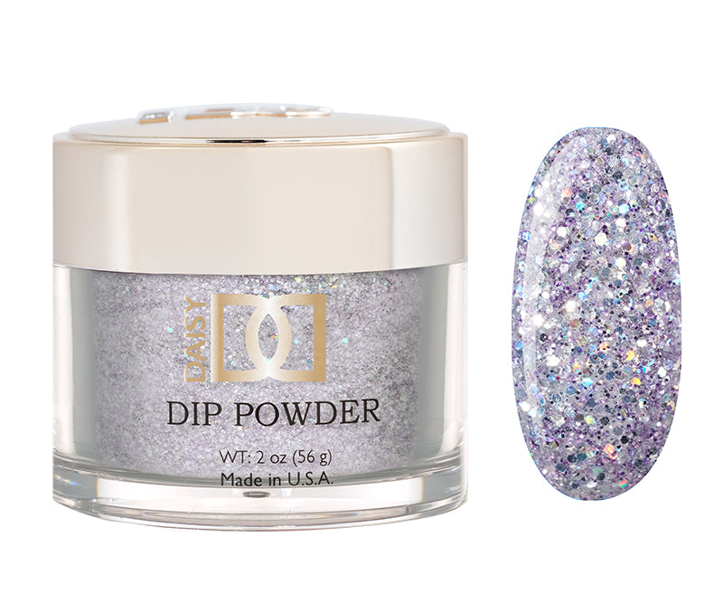 DND Dap Dip Powder #411 jar with lavender glitter powder and color chip
