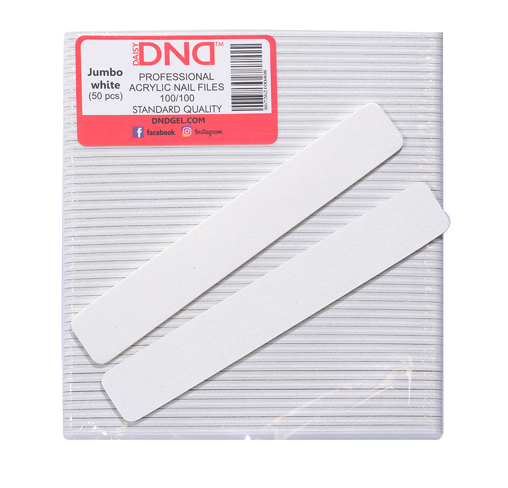 DND Jumbo White professional acrylic nail files, 100/100 grit, standard quality, package of 50