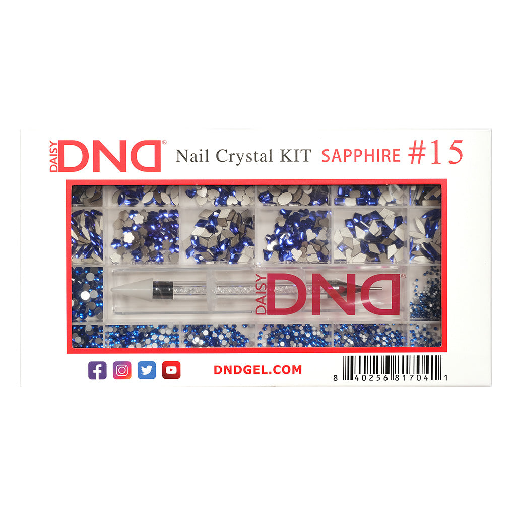 DND Nail Crystal Kit Sapphire #15 box, showing assorted rhinestones and a crystal picker
