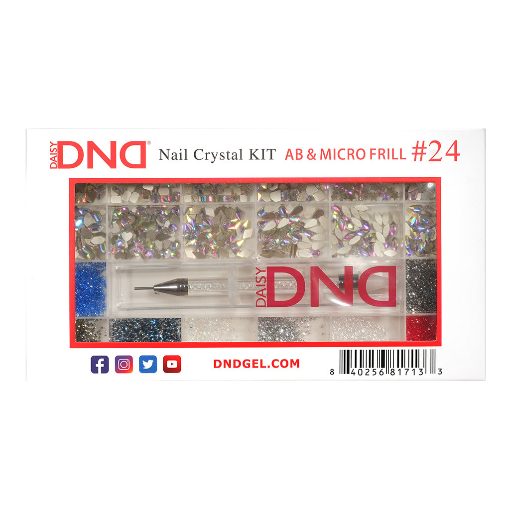 DND Nail Crystal Kit AB Microfrill #24 box, showing assorted rhinestones and a crystal picker