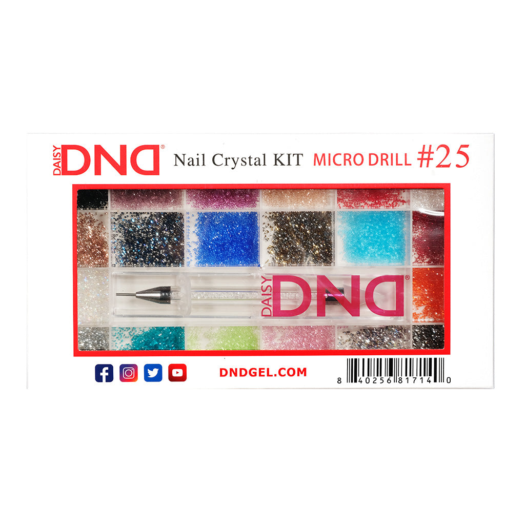 DND Nail Crystal Kit Microdrill #25 box, showing assorted rhinestones and a crystal picker