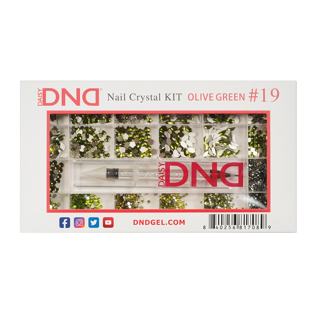 DND Nail Crystal Kit Olive Green #19 box, showing assorted rhinestones and a crystal picker