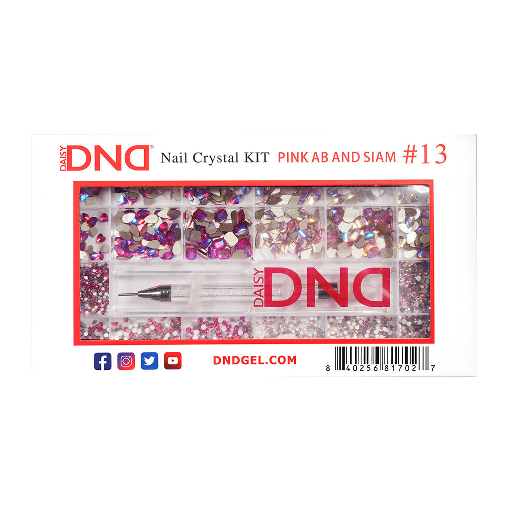 DND Nail Crystal Kit Pink Band Siam #13 box, showing assorted rhinestones and a crystal picker