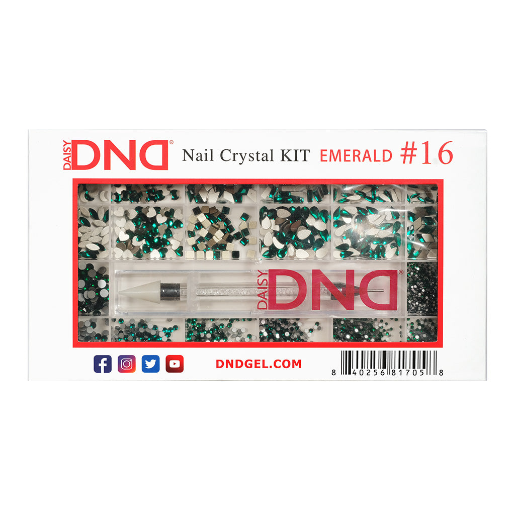 DND Nail Crystal Kit Emerald #16 box, showing assorted rhinestones and a crystal picker
