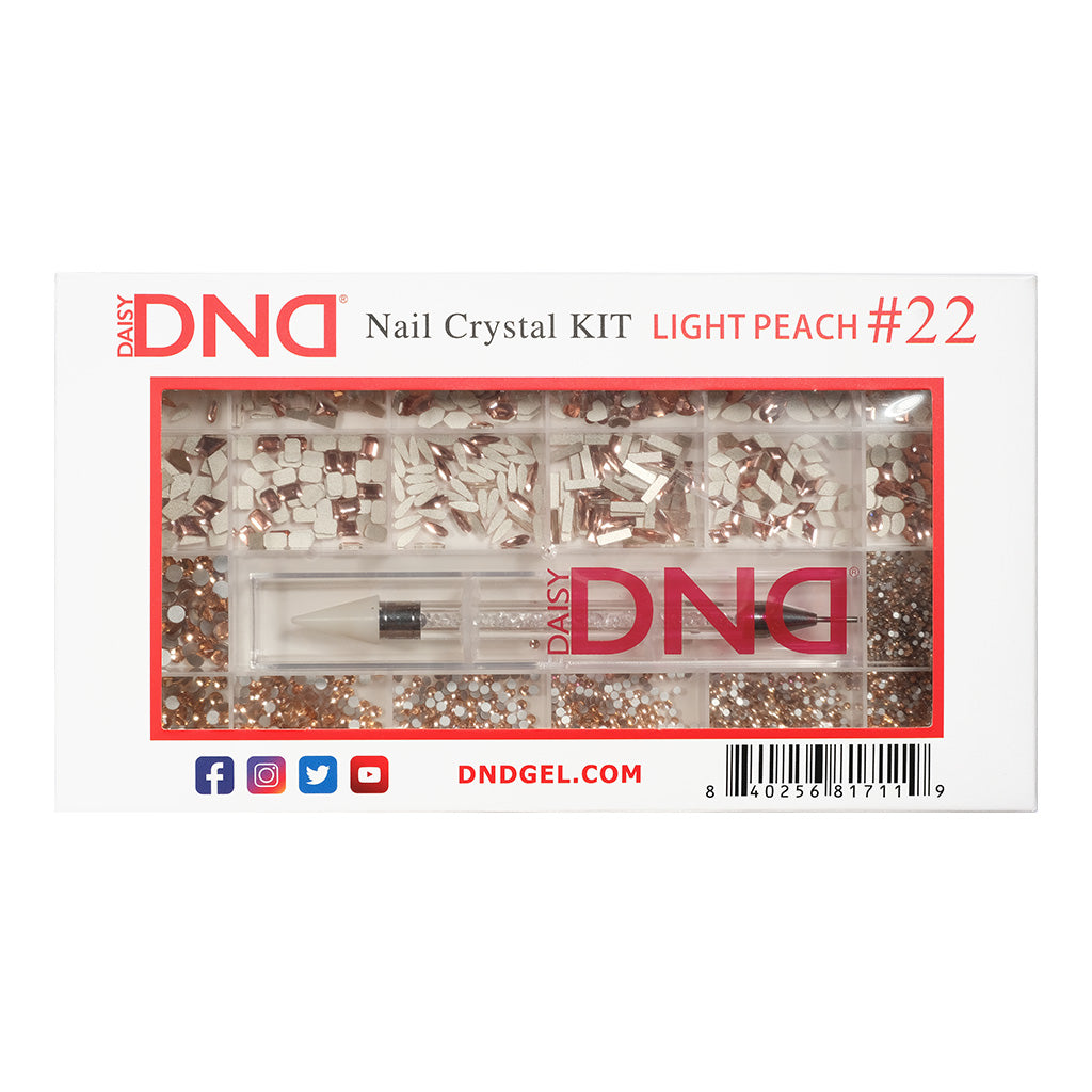 DND Nail Crystal Kit Light Peach #22 box, showing assorted rhinestones and a crystal picker