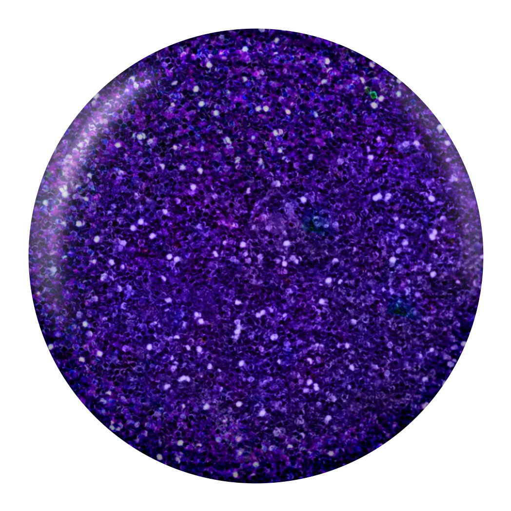 Dot swatch of DC #250 Dark Indigo gel polish in purple glitter