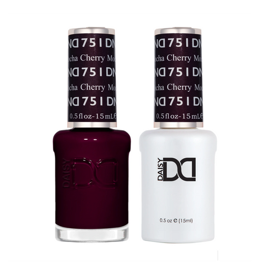 DND #751 Cherry Mocha gel and lacquer duo bottles in deep dark maroon wine