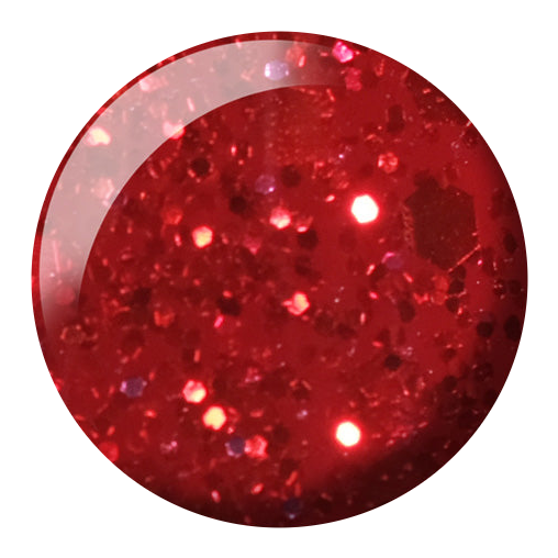 Dot swatch of DND #771 Autumn Sunset gel polish in glittery coral red