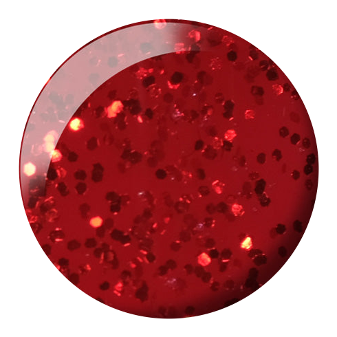 Dot swatch of DND #772 Nutcracker gel polish in glittery deep red