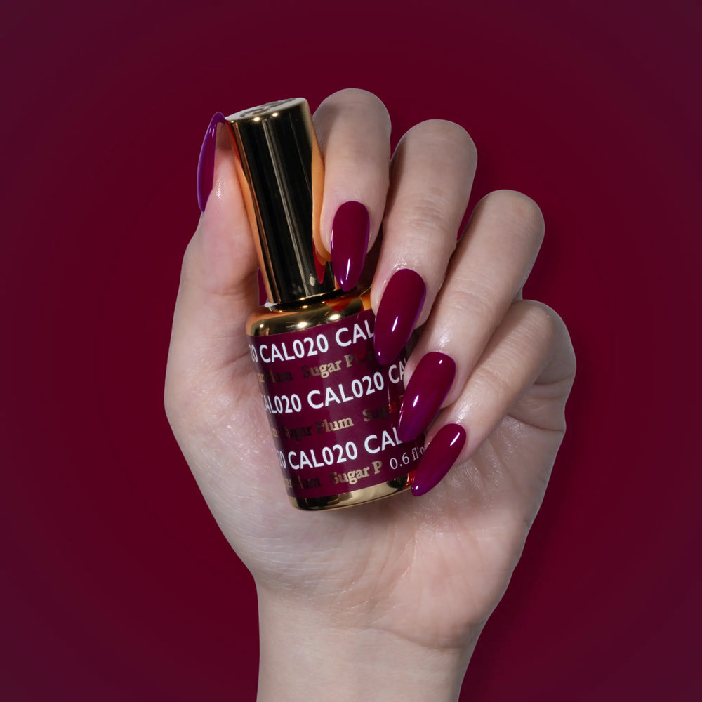 Hand with glossy deep wine burgundy nails holding a gold-capped DND CAL020 bottle